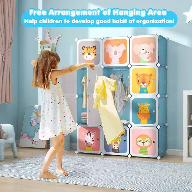 12-Cube Kids Wardrobe Baby Dresser Bedroom Armoire Clothes Hanging Closet with Door Blue/Pink