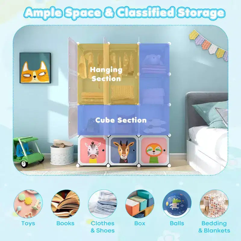12-Cube Kids Wardrobe Baby Dresser Bedroom Armoire Clothes Hanging Closet with Door Blue/Pink