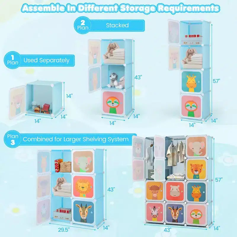 12-Cube Kids Wardrobe Baby Dresser Bedroom Armoire Clothes Hanging Closet with Door Blue/Pink