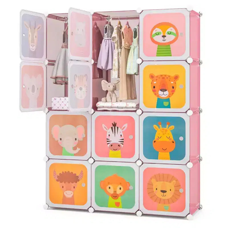 12-Cube Kids Wardrobe Baby Dresser Bedroom Armoire Clothes Hanging Closet with Door Blue/Pink
