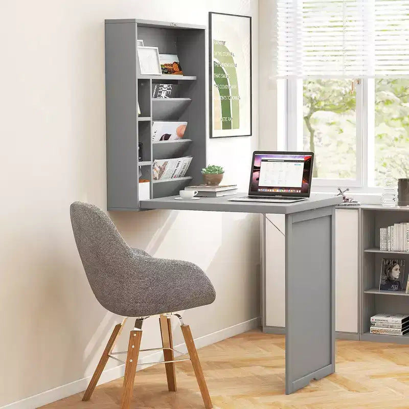 Wall Mounted Computer Convertible Desk Floating Desk w/ Storage Bookcases