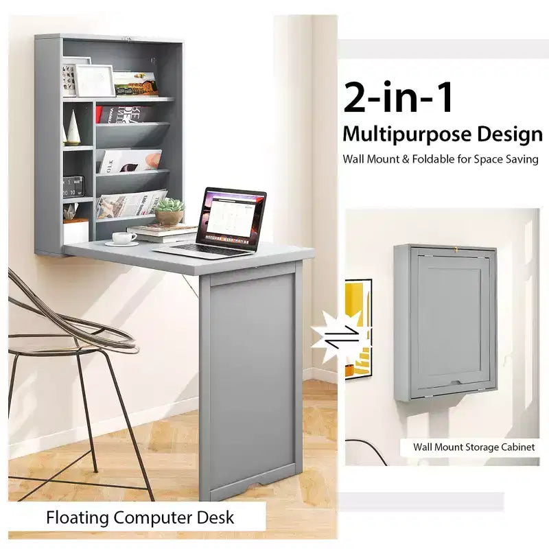 Wall Mounted Computer Convertible Desk Floating Desk w/ Storage Bookcases