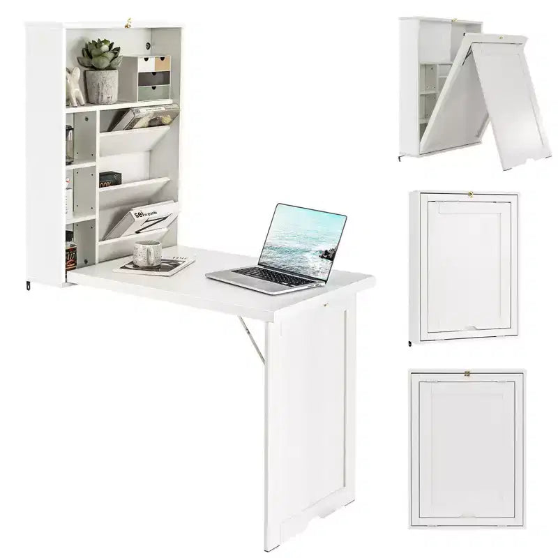 Wall Mounted Computer Convertible Desk Floating Desk w/ Storage Bookcases