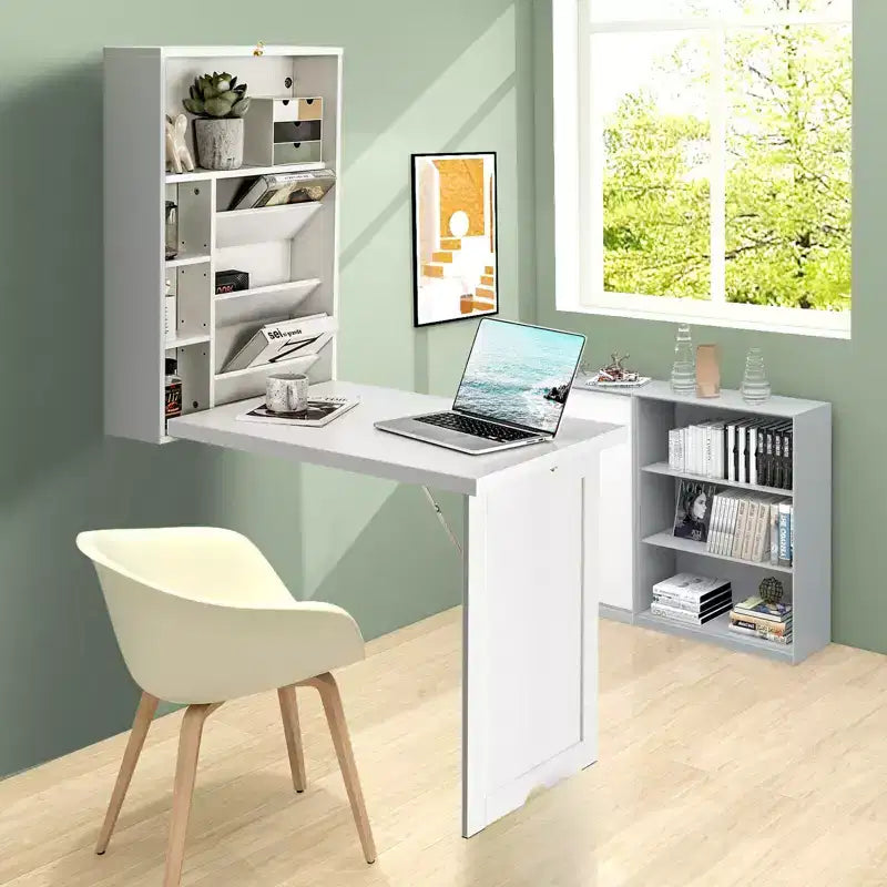 Wall Mounted Computer Convertible Desk Floating Desk w/ Storage Bookcases