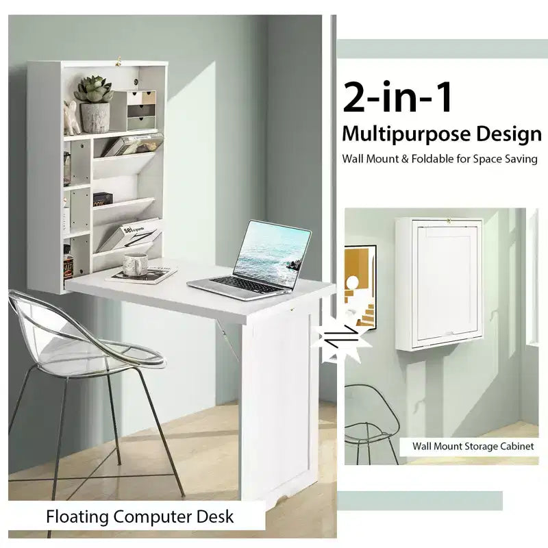 Wall Mounted Computer Convertible Desk Floating Desk w/ Storage Bookcases