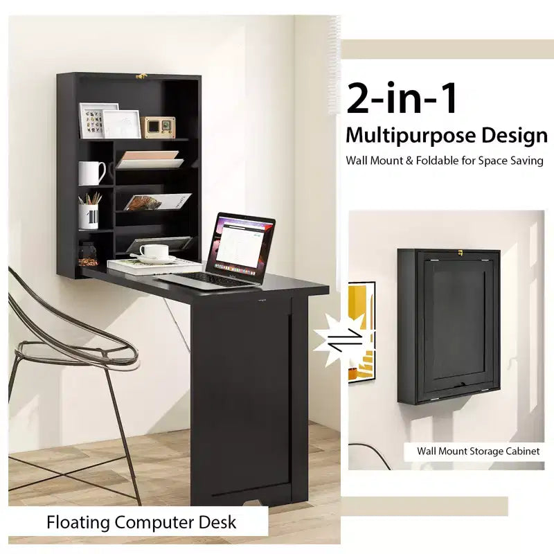 Wall Mounted Computer Convertible Desk Floating Desk w/ Storage Bookcases