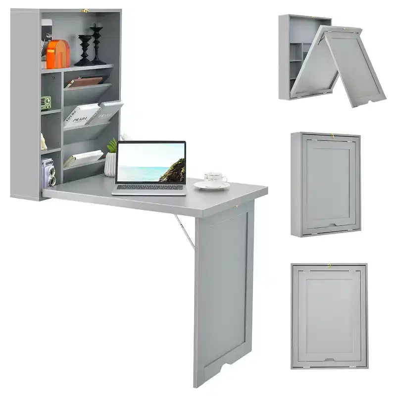 Wall Mounted Computer Convertible Desk Floating Desk w/ Storage Bookcases