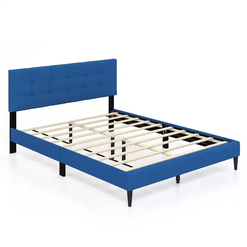 Queen Upholstered Platform Bed Mattress Foundation Button Tufted Headboard Blue/Grey