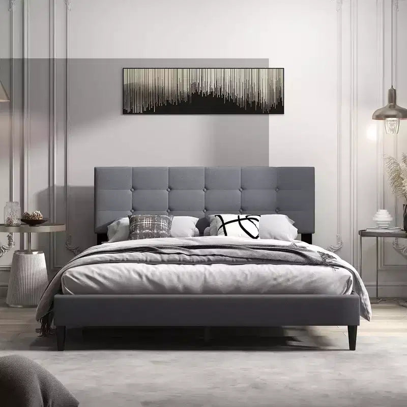 Queen Upholstered Platform Bed Mattress Foundation Button Tufted Headboard Blue/Grey
