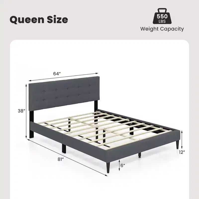 Queen Upholstered Platform Bed Mattress Foundation Button Tufted Headboard Blue/Grey
