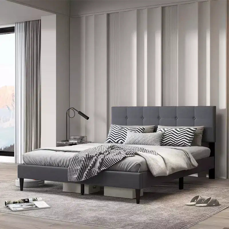 Queen Upholstered Platform Bed Mattress Foundation Button Tufted Headboard Blue/Grey