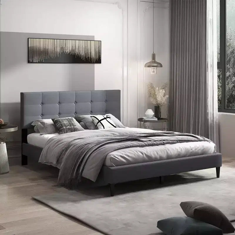 Queen Upholstered Platform Bed Mattress Foundation Button Tufted Headboard Blue/Grey