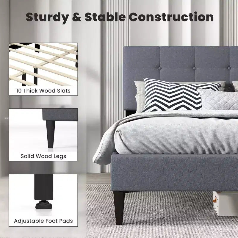 Queen Upholstered Platform Bed Mattress Foundation Button Tufted Headboard Blue/Grey