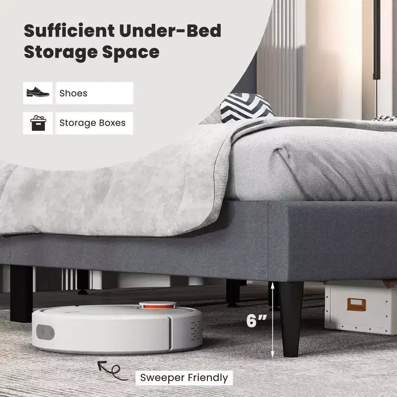 Queen Upholstered Platform Bed Mattress Foundation Button Tufted Headboard Blue/Grey