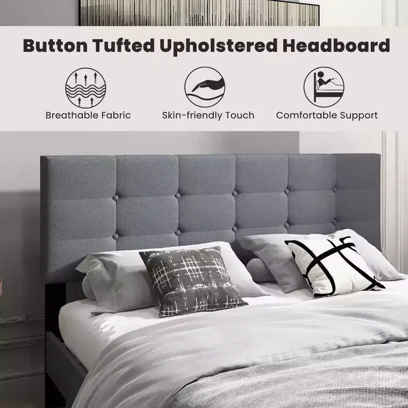 Queen Upholstered Platform Bed Mattress Foundation Button Tufted Headboard Blue/Grey