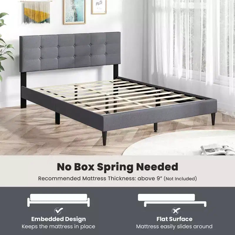 Queen Upholstered Platform Bed Mattress Foundation Button Tufted Headboard Blue/Grey