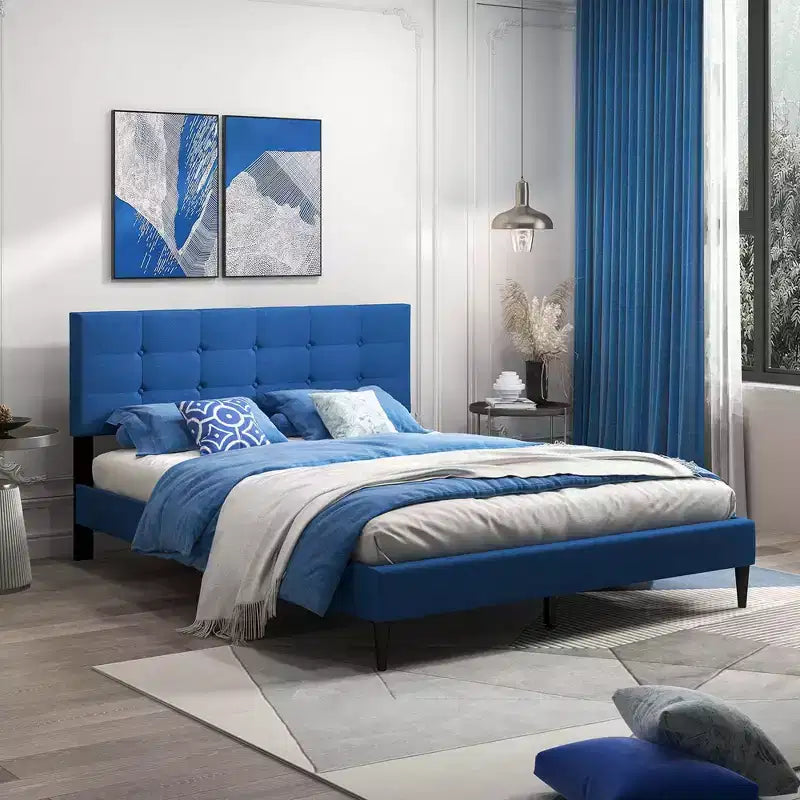 Queen Upholstered Platform Bed Mattress Foundation Button Tufted Headboard Blue/Grey