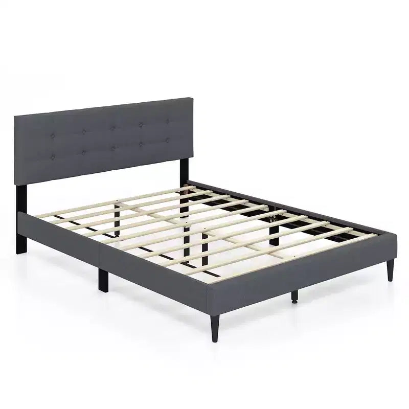 Queen Upholstered Platform Bed Mattress Foundation Button Tufted Headboard Blue/Grey