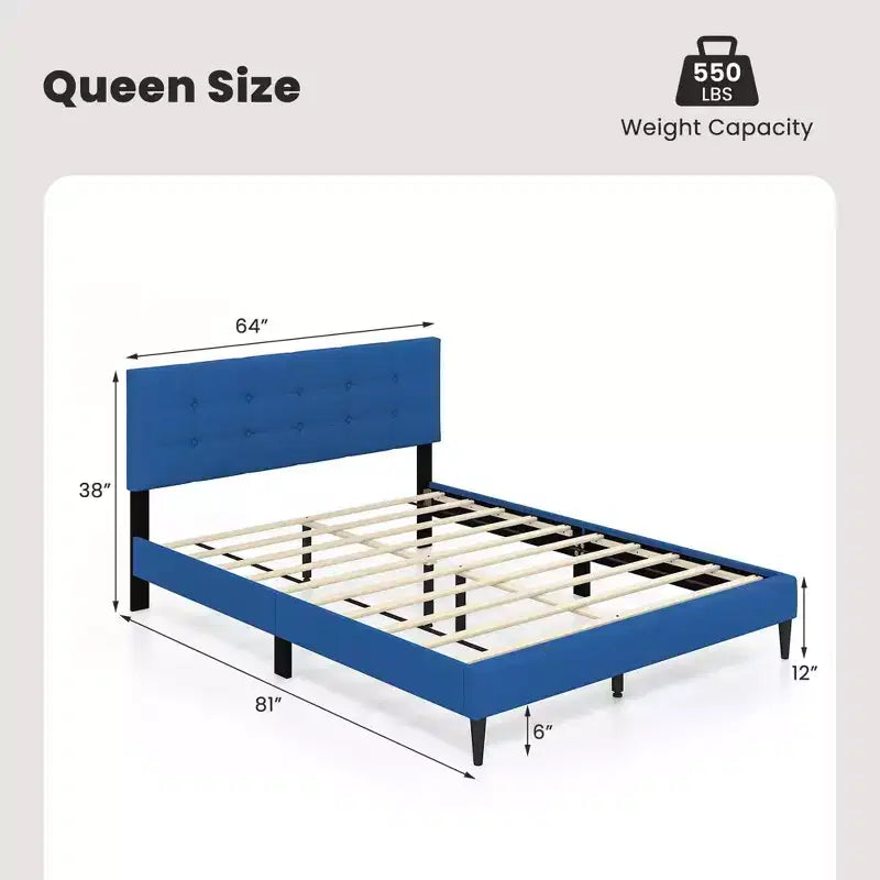 Queen Upholstered Platform Bed Mattress Foundation Button Tufted Headboard Blue/Grey