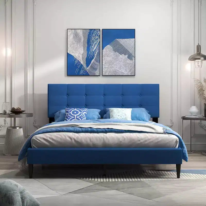 Queen Upholstered Platform Bed Mattress Foundation Button Tufted Headboard Blue/Grey