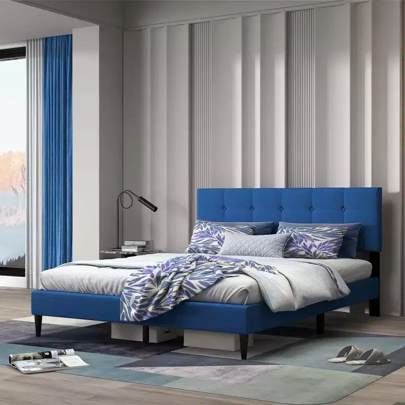 Queen Upholstered Platform Bed Mattress Foundation Button Tufted Headboard Blue/Grey