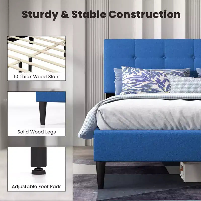 Queen Upholstered Platform Bed Mattress Foundation Button Tufted Headboard Blue/Grey
