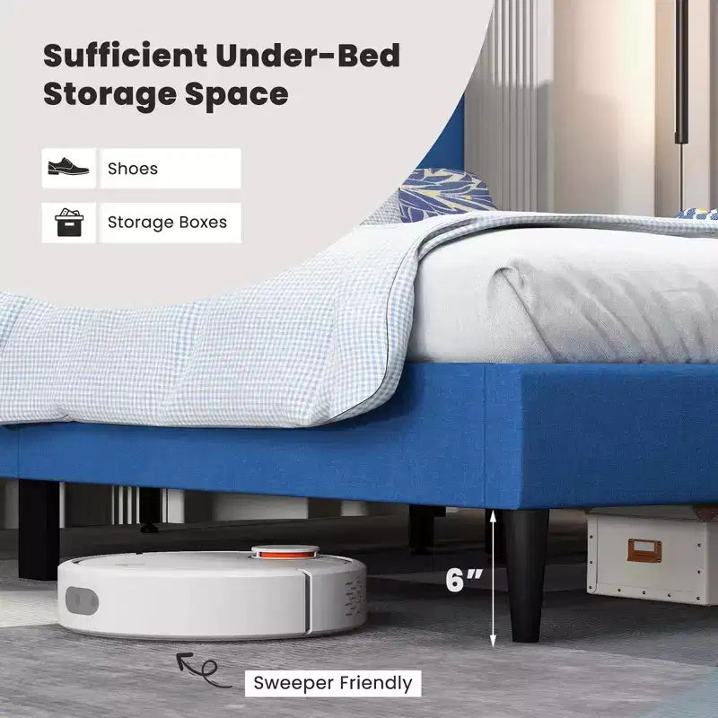 Queen Upholstered Platform Bed Mattress Foundation Button Tufted Headboard Blue/Grey