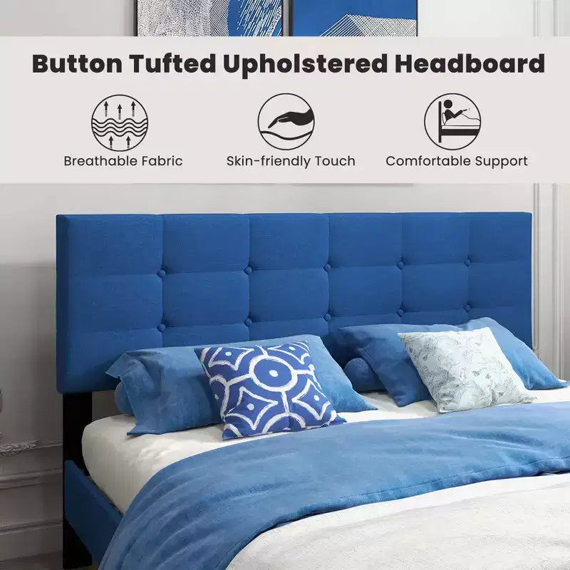Queen Upholstered Platform Bed Mattress Foundation Button Tufted Headboard Blue/Grey
