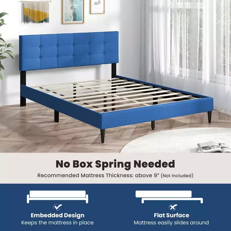 Queen Upholstered Platform Bed Mattress Foundation Button Tufted Headboard Blue/Grey