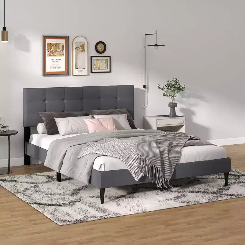 Queen Upholstered Platform Bed Mattress Foundation Button Tufted Headboard Blue/Grey