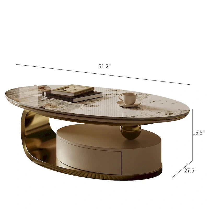Tavolino da caffè ovale moderno Pandora 51 con piano in pietra sinterizzata lucida, tavolino da caffè di lusso, gambe in acciaio inossidabile per soggiorno