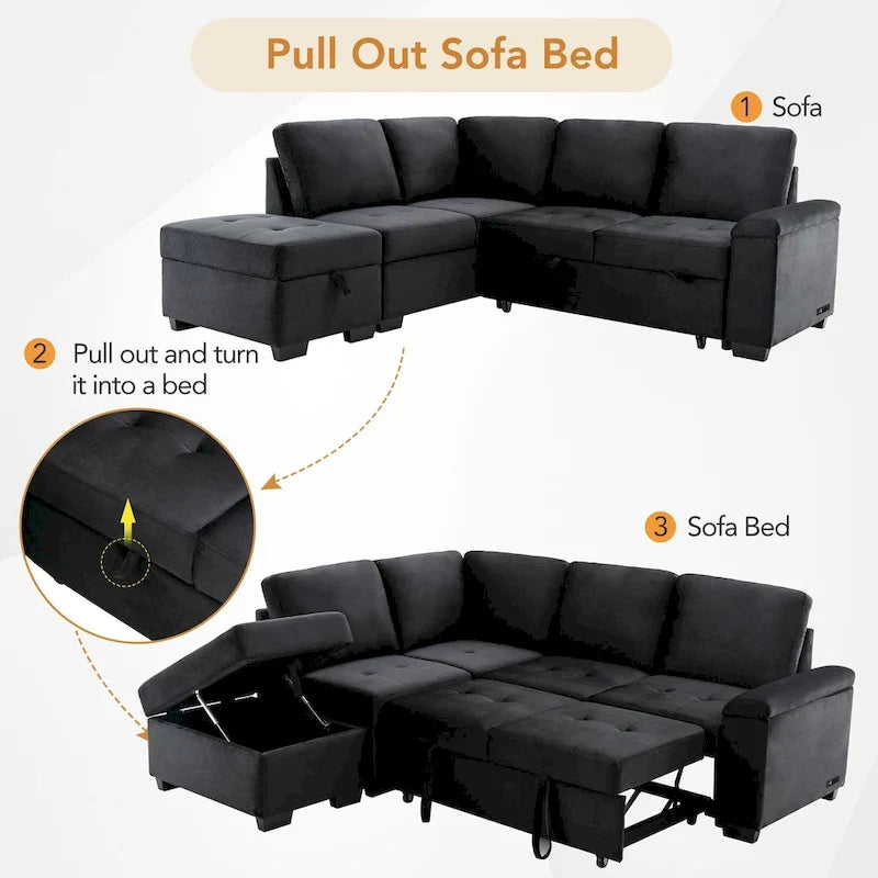 Divano sezionale a L a 5 posti con funzione letto, con pouf contenitore, vano contenitore nel bracciolo e ricarica USB per soggiorno, 84,75 pollici
