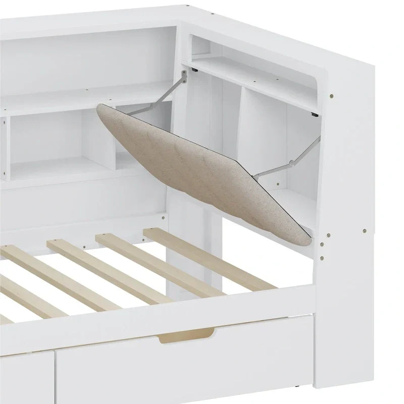 Divano Letto a "L" in Legno con Scrivania, Mobile Libreria, Letto Angolare con Cassetti Sottostanti, Testiera Imbottita con Luce Integrata