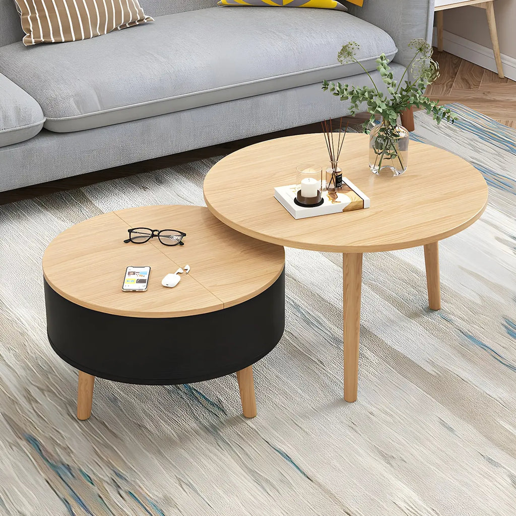 Tavolino da caffè rotondo moderno in legno bianco e nero con contenitore