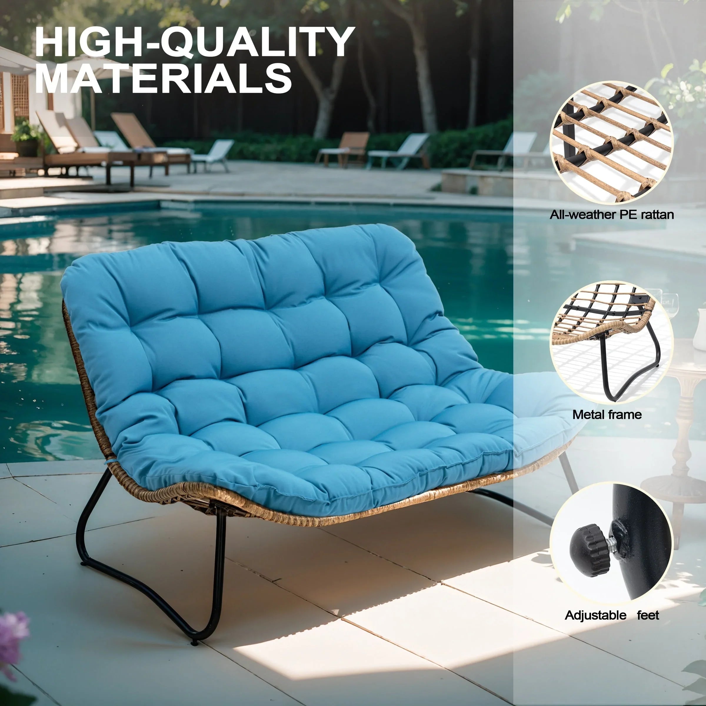 Divanetto due posti Double Papasan con cuscino, in rattan PE per tutte le stagioni e struttura in metallo per interni ed esterni