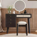 39W Retro Wooden Makeup Vanity Set with Charging Plug & USB Port and Stool, Dressing Table with 3 Drawers and 1 Rattan Drawer 4B - ModernLuxe