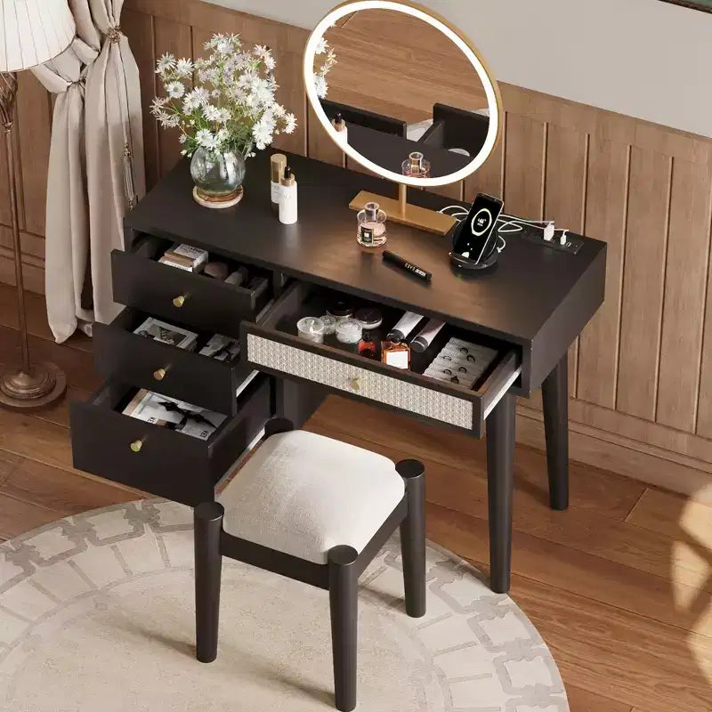 39W Retro Wooden Makeup Vanity Set with Charging Plug & USB Port and Stool, Dressing Table with 3 Drawers and 1 Rattan Drawer 4B