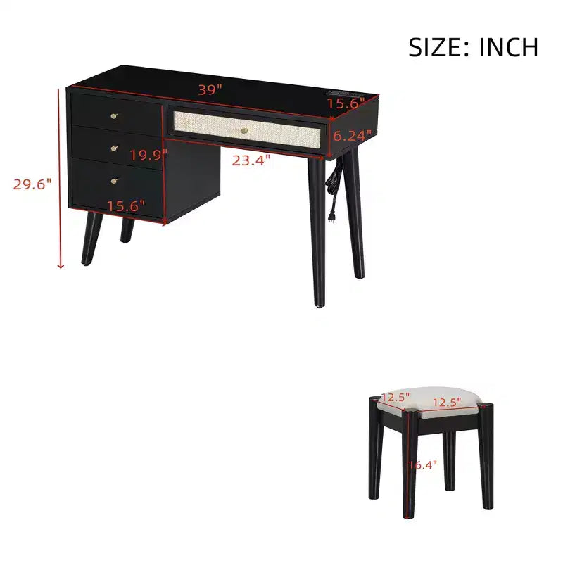 39W Retro Wooden Makeup Vanity Set with Charging Plug & USB Port and Stool, Dressing Table with 3 Drawers and 1 Rattan Drawer 4B