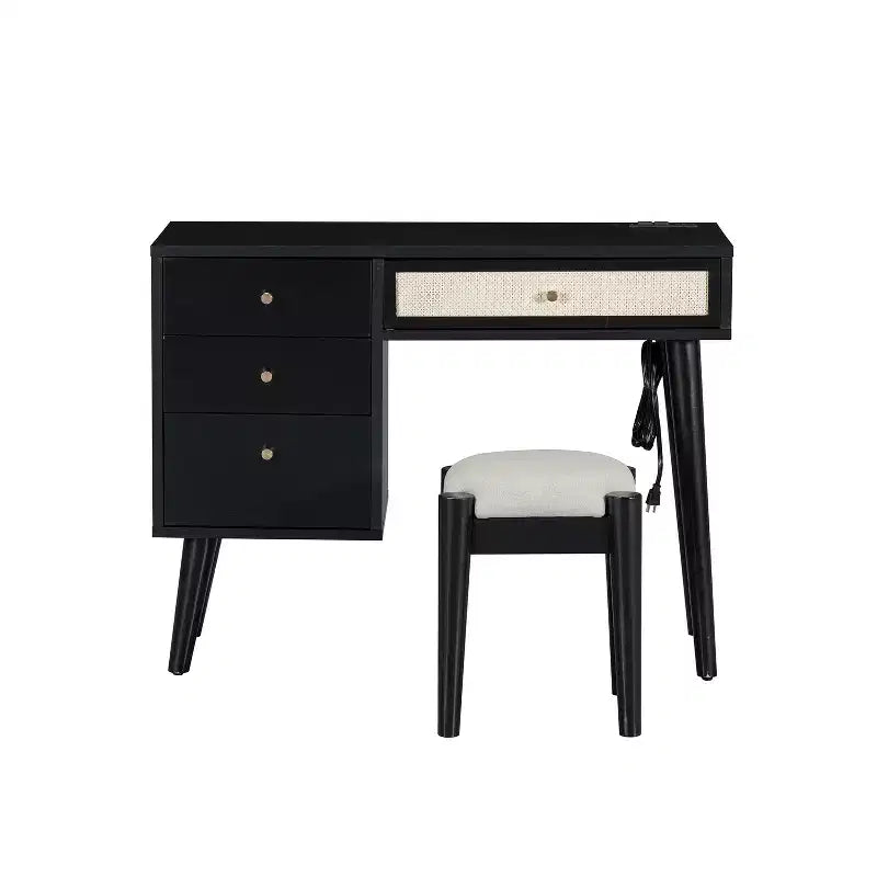 39W Retro Wooden Makeup Vanity Set with Charging Plug & USB Port and Stool, Dressing Table with 3 Drawers and 1 Rattan Drawer 4B