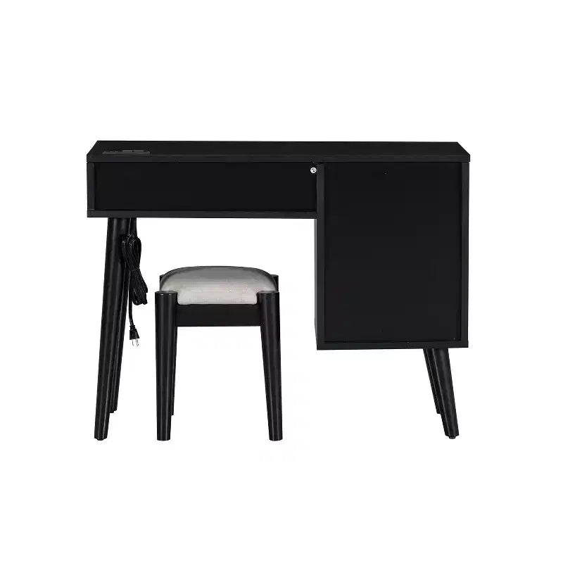 39W Retro Wooden Makeup Vanity Set with Charging Plug & USB Port and Stool, Dressing Table with 3 Drawers and 1 Rattan Drawer 4B