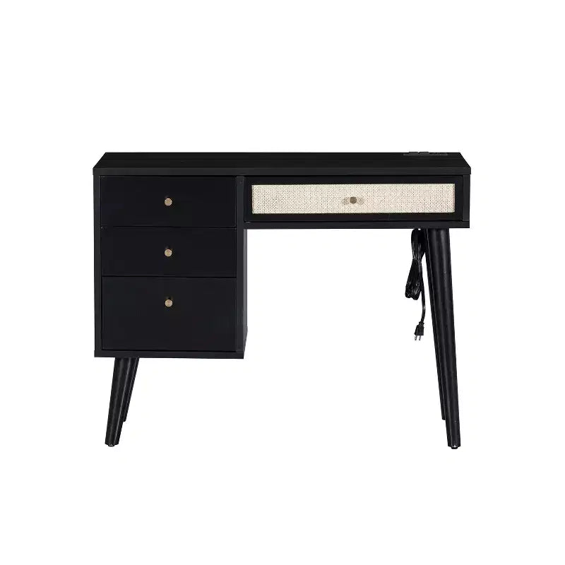 39W Retro Wooden Makeup Vanity Set with Charging Plug & USB Port and Stool, Dressing Table with 3 Drawers and 1 Rattan Drawer 4B