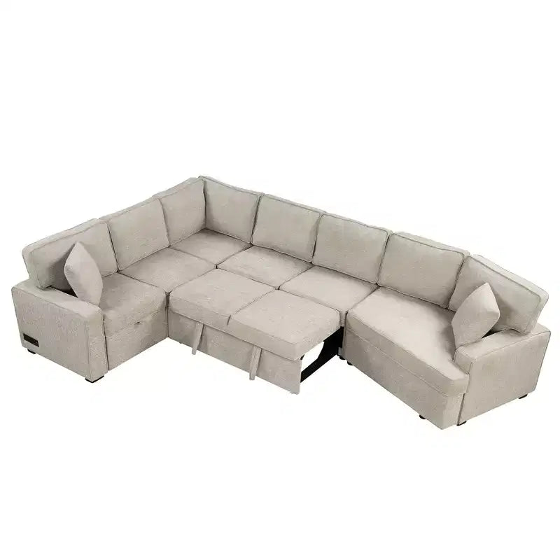 126W Convertible Sectional Sofa Couch Set, Pull-out Sleeper Sofa Bed with Charging Devices and Cup Holders 4S