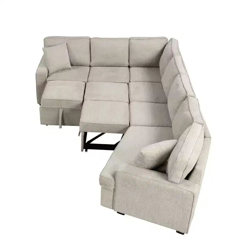 126W Convertible Sectional Sofa Couch Set, Pull-out Sleeper Sofa Bed with Charging Devices and Cup Holders 4S