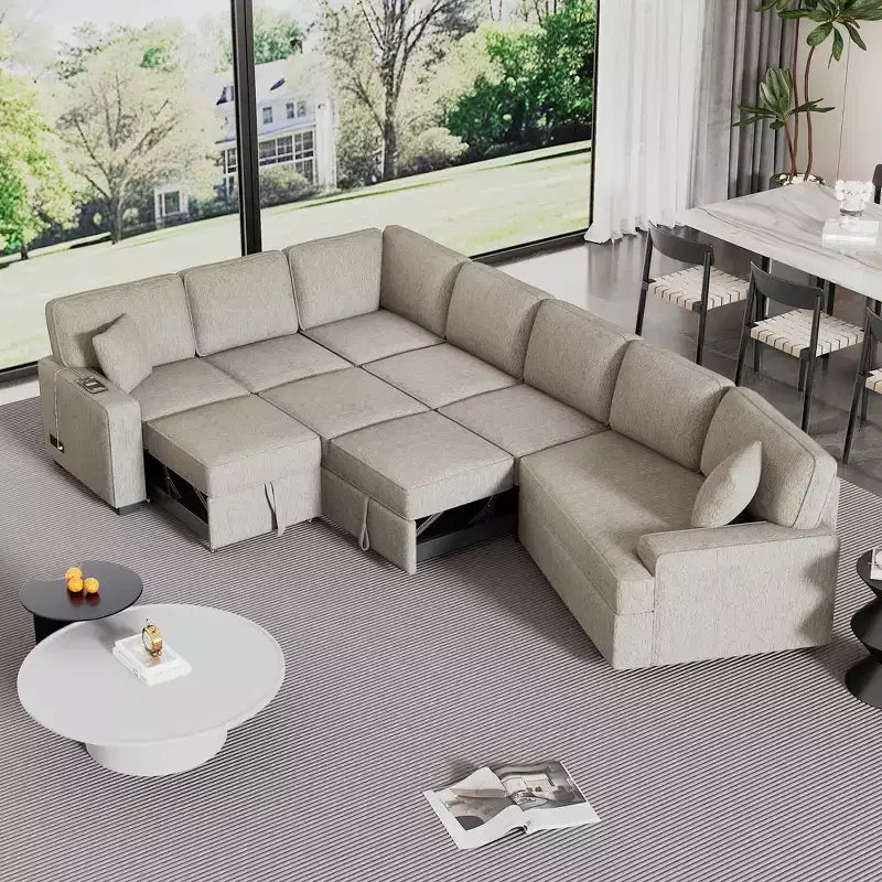 126W Convertible Sectional Sofa Couch Set, Pull-out Sleeper Sofa Bed with Charging Devices and Cup Holders 4S