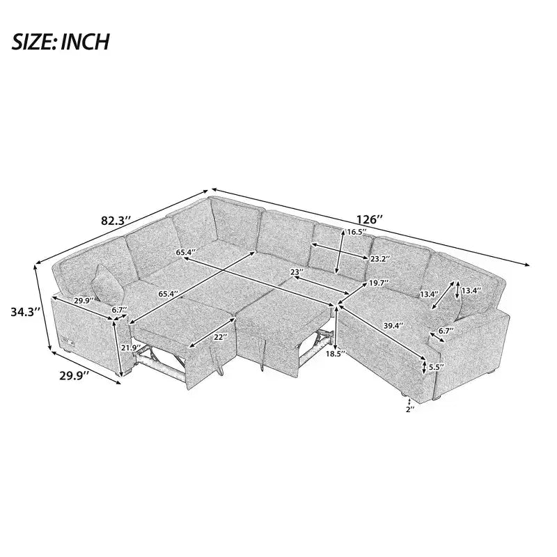126W Convertible Sectional Sofa Couch Set, Pull-out Sleeper Sofa Bed with Charging Devices and Cup Holders 4S