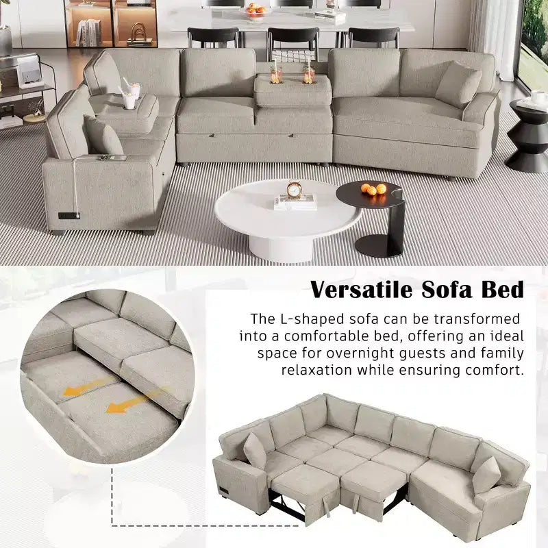 126W Convertible Sectional Sofa Couch Set, Pull-out Sleeper Sofa Bed with Charging Devices and Cup Holders 4S