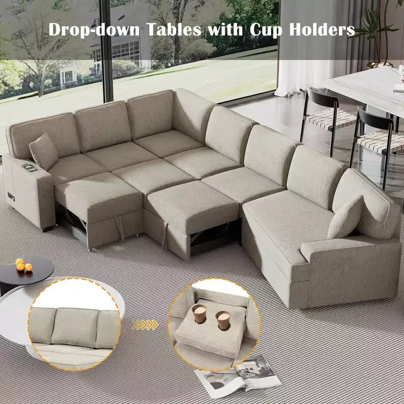 126W Convertible Sectional Sofa Couch Set, Pull-out Sleeper Sofa Bed with Charging Devices and Cup Holders 4S