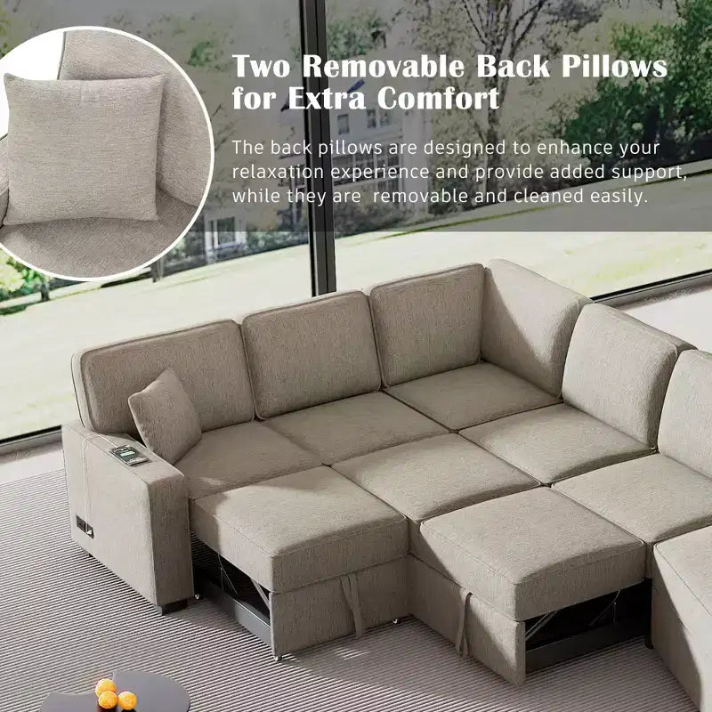 126W Convertible Sectional Sofa Couch Set, Pull-out Sleeper Sofa Bed with Charging Devices and Cup Holders 4S