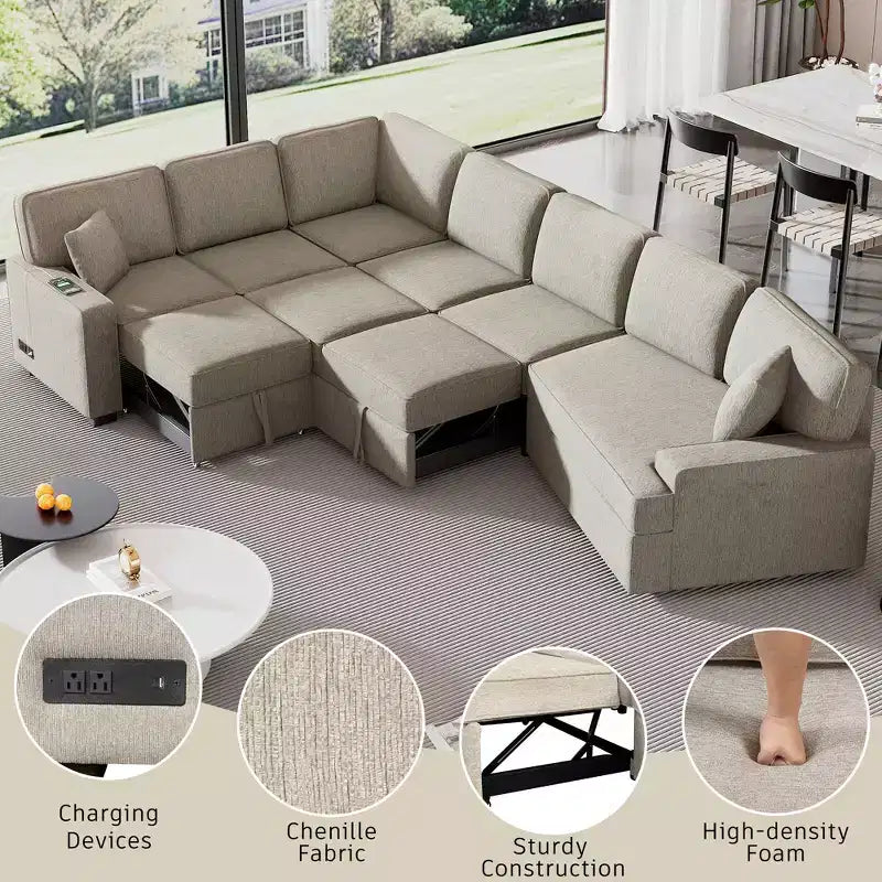 126W Convertible Sectional Sofa Couch Set, Pull-out Sleeper Sofa Bed with Charging Devices and Cup Holders 4S