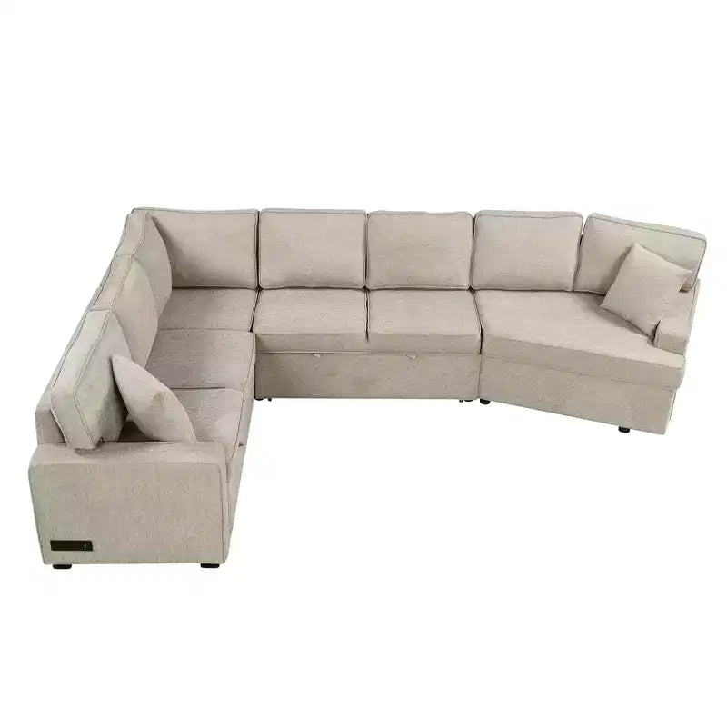 126W Convertible Sectional Sofa Couch Set, Pull-out Sleeper Sofa Bed with Charging Devices and Cup Holders 4S